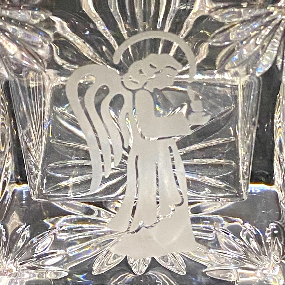 Waterford "Wedge Cut" Crystal Square Votive Candle Holder 3" Etched Angel Signed - Picture 9 of 9